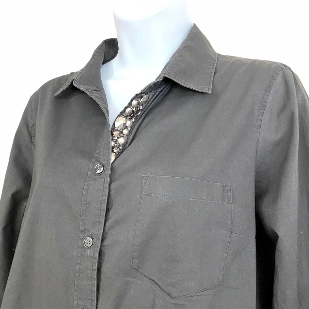 J. Crew Gray Cotton Embellished Button-front Shirt Small Officecore Work Career